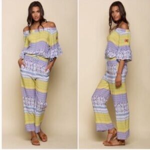 NWT RAGA Purple and Yellow jumpsuit can be worn off the shoulder or above XSP